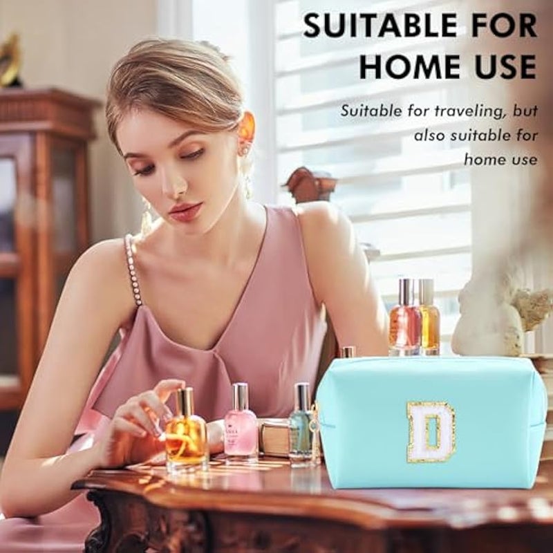 Gifts for Girls Initial Makeup Bag Personalized Cosmetic Bag with Zipper Cute Travel Toiletry Bag Waterproof PU Preppy Makeup Pouch Birthday Gift for Teen Girls Women(Blue D) - Image 2